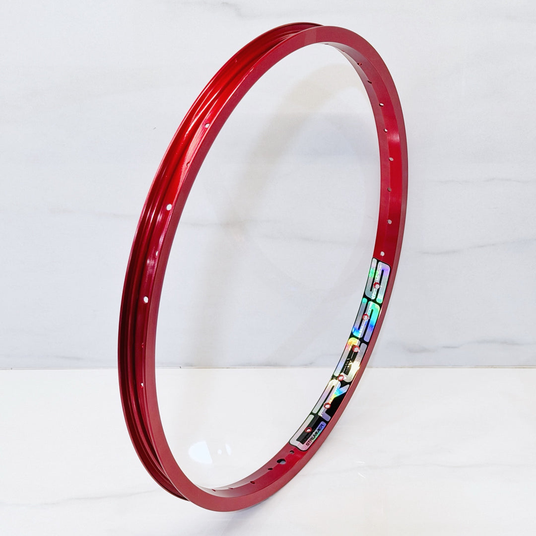 Rim Strummer Cross 20 Anodize Red dengan decal Oil Slick