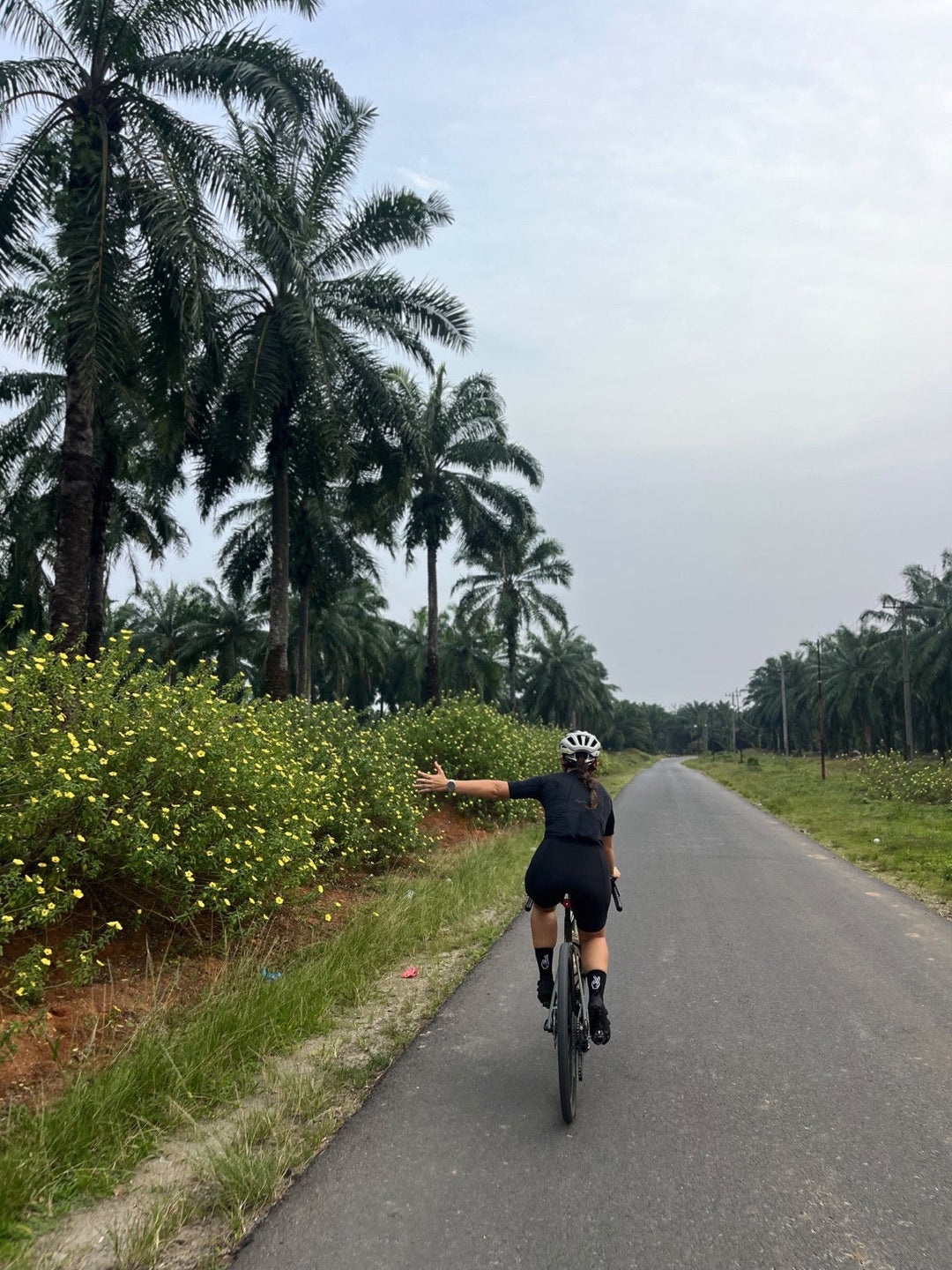 Pesepeda mengendarai sepeda dengan custom wheelset Strummer menggunakan rim Strummer GC25 di jalan beraspal dengan pepohonan palem. Foto milik Novia Kosim (@peanutbutterno9).