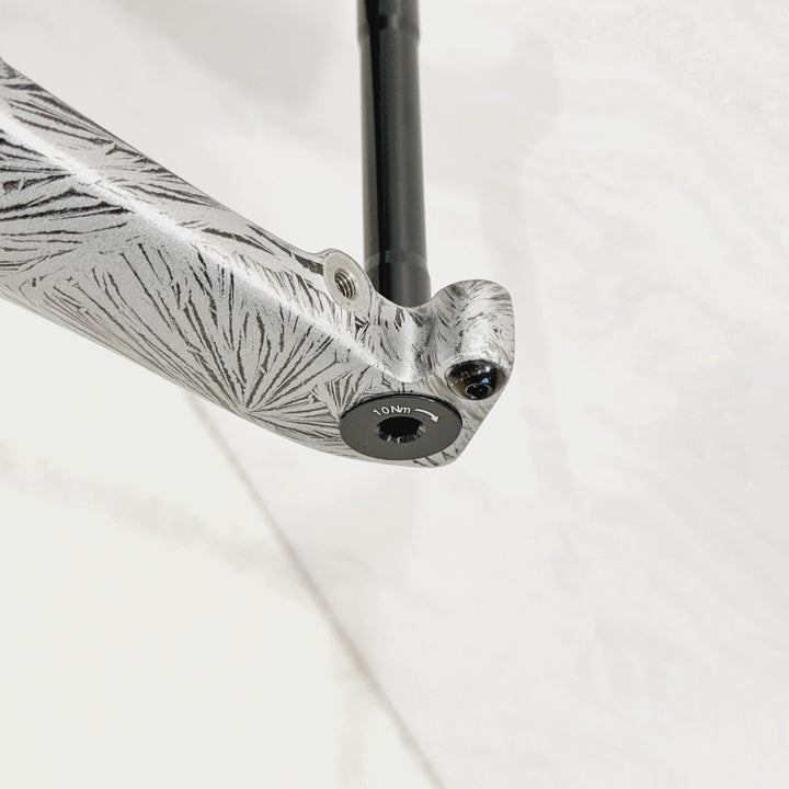 Strummer Traverse CF2 Crystal Silver Glossy White Size M (Flush Thru Axle Detail)