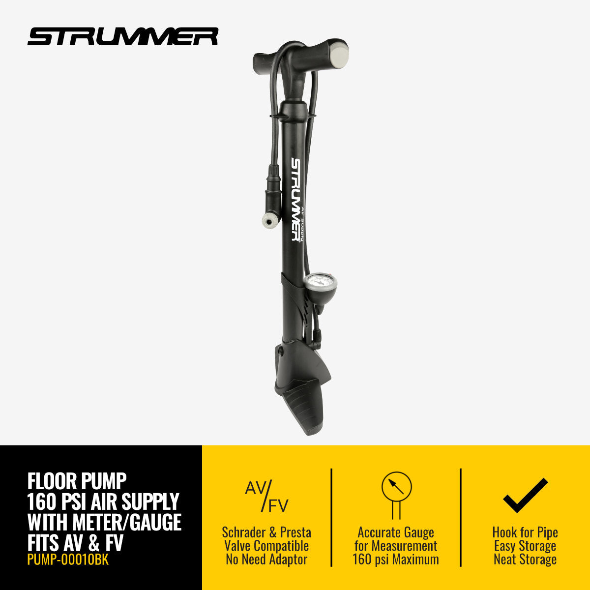 Strummer FP 34P Air Supply Floor Pump with Gauge Meter AV FV Strummer Bikes Components